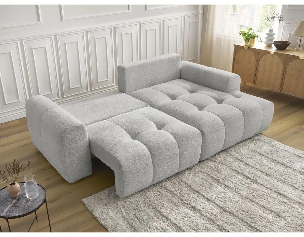 Világosszürke zsenília kinyitható-tárolóhelyes sarokkanapé (jobb oldali-heverő résszel) Roxelane – Bobochic Paris