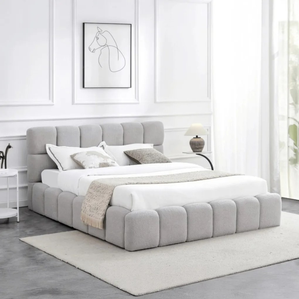 Szürke Bouclé Franciaágy Ágyneműtartóval. 160x200 MURACJA