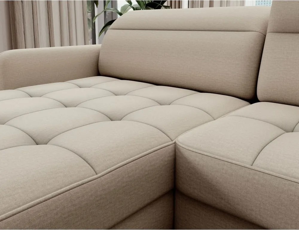 Bézs bársony kinyitható-tárolóhelyes sarokkanapé (jobb oldali-U alakú) Berrto – ELTAP