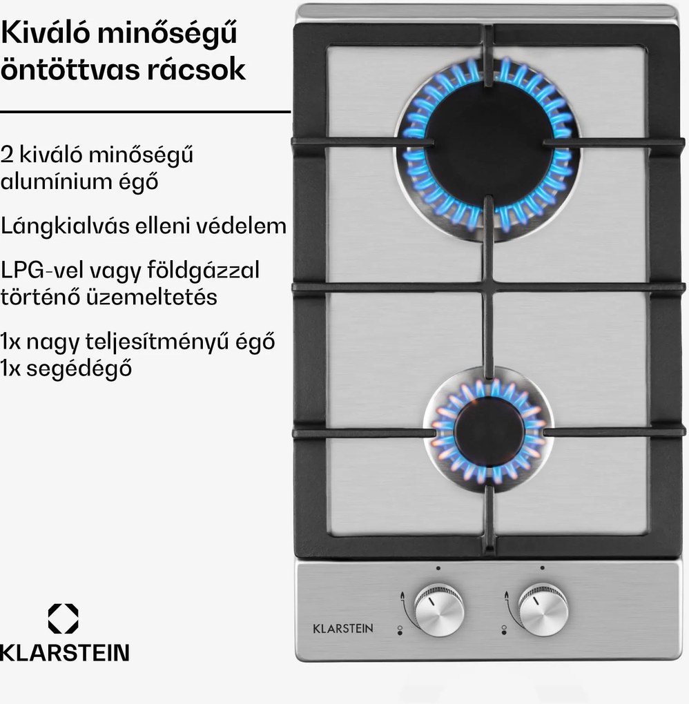 Klarstein Ignito Domino, gázfőzőlap, 2 Sabaf égő, rozsdamentes acél, ezüst