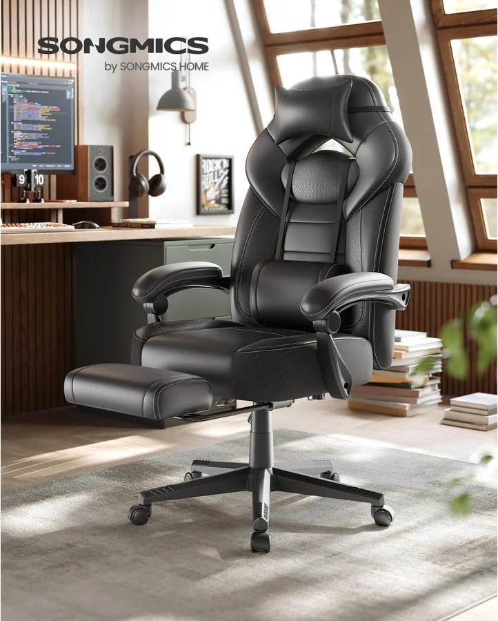 SONGMICS gamer szék lábtartóval, ergonomikus irodai szék fej- és deréktámasszal, 135°-ig dönthető, 150 kg, fekete