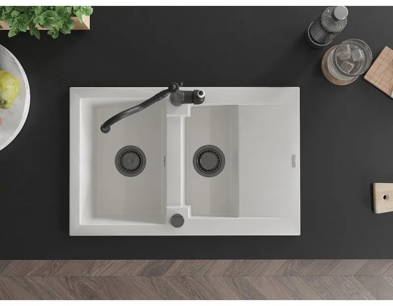 Mexen Gaspar, gránit mosogató 752x436x161 mm, 1,5 kamrás és mosogató csaptelep Carla, fehér, 6507-20-670700-70