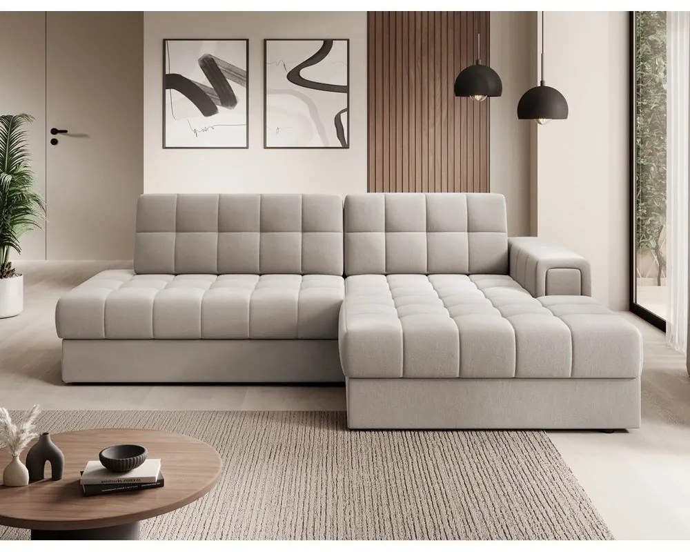 Bézs bársony kinyitható sarokkanapé (jobb oldali-heverő résszel) Blezalt – ELTAP