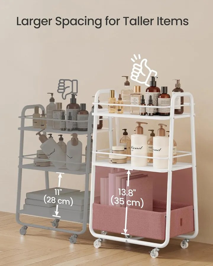 Gurulós tárolókocsi textil kosárral, 3 szintes kerekes tárolókocsi polcokkal, felhőfehér és tevebarna