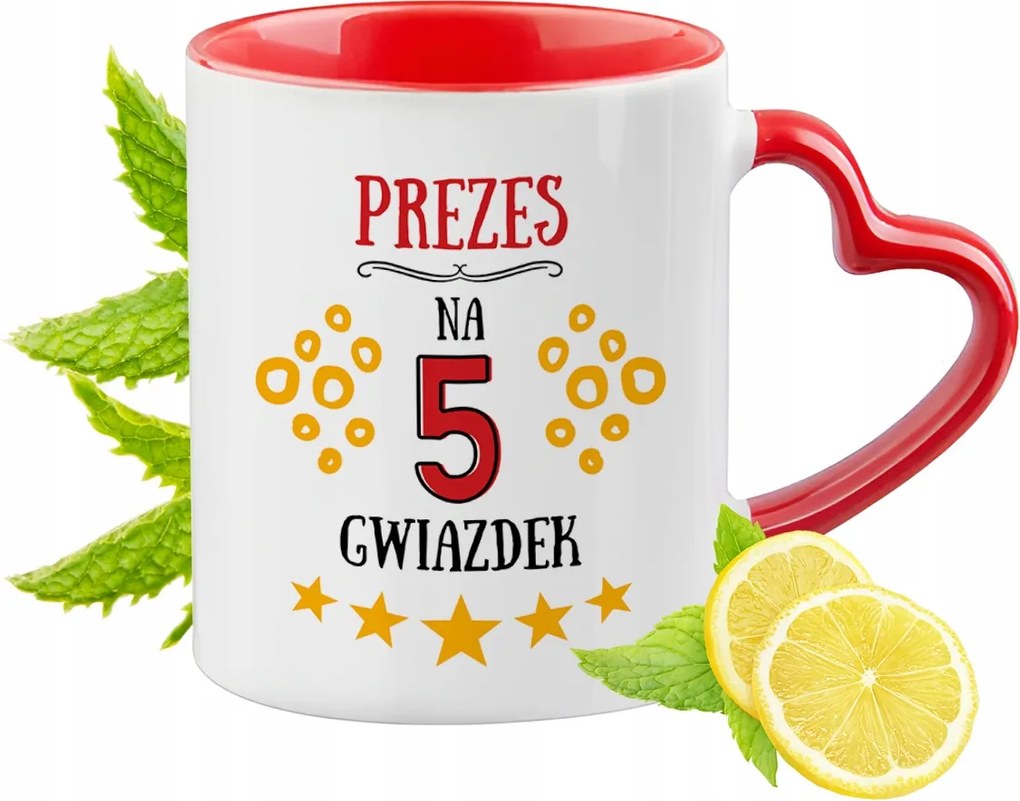 Piros bögre szív alakú füllel az elnöknek ajándékba