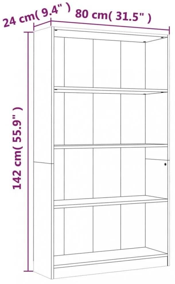 4 szintes füstös tölgy színű fa könyvszekrény 80 x 24 x 142 cm