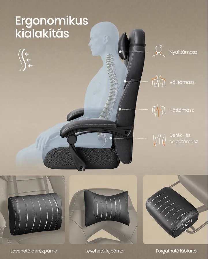 SONGMICS gamer szék lábtartóval, ergonomikus irodai szék fej- és deréktámasszal, 135°-ig dönthető, 150 kg, fekete
