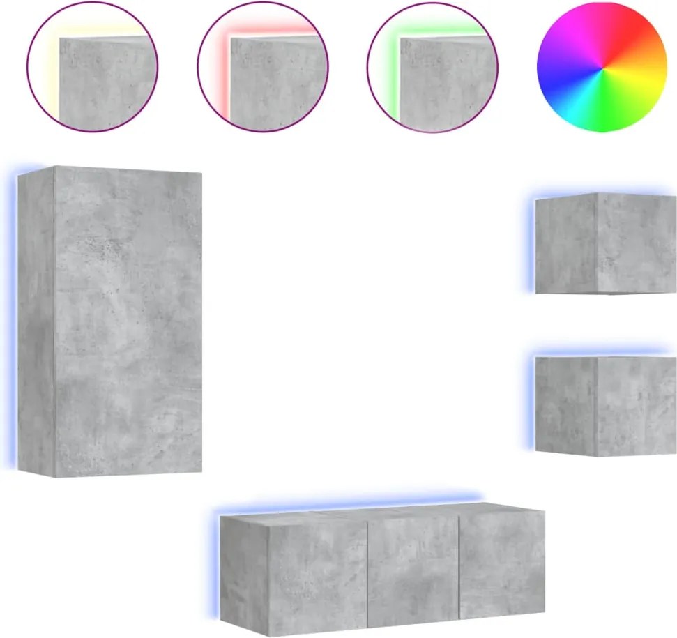 vidaXL 5 darab betonszürke szerelt fa fali TV-bútor LED-del