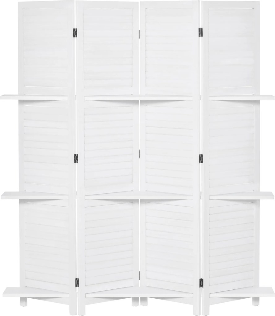 HOMCOM 4-Panel Fa Szobai Elválasztó Hajtható Partíció 3 Leválasztható Polccal Zsalugáteres Kialakítással Hálószobába Irodába 160x170 cm Fehér | Aosom