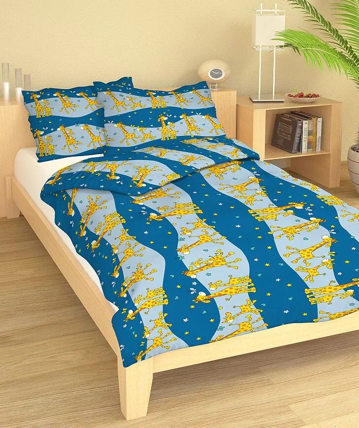 Gyerek pamut lepedők Zsiráf kék TiaHome - 1x Párna 90x70cm, 1x Paplan 140x200cm