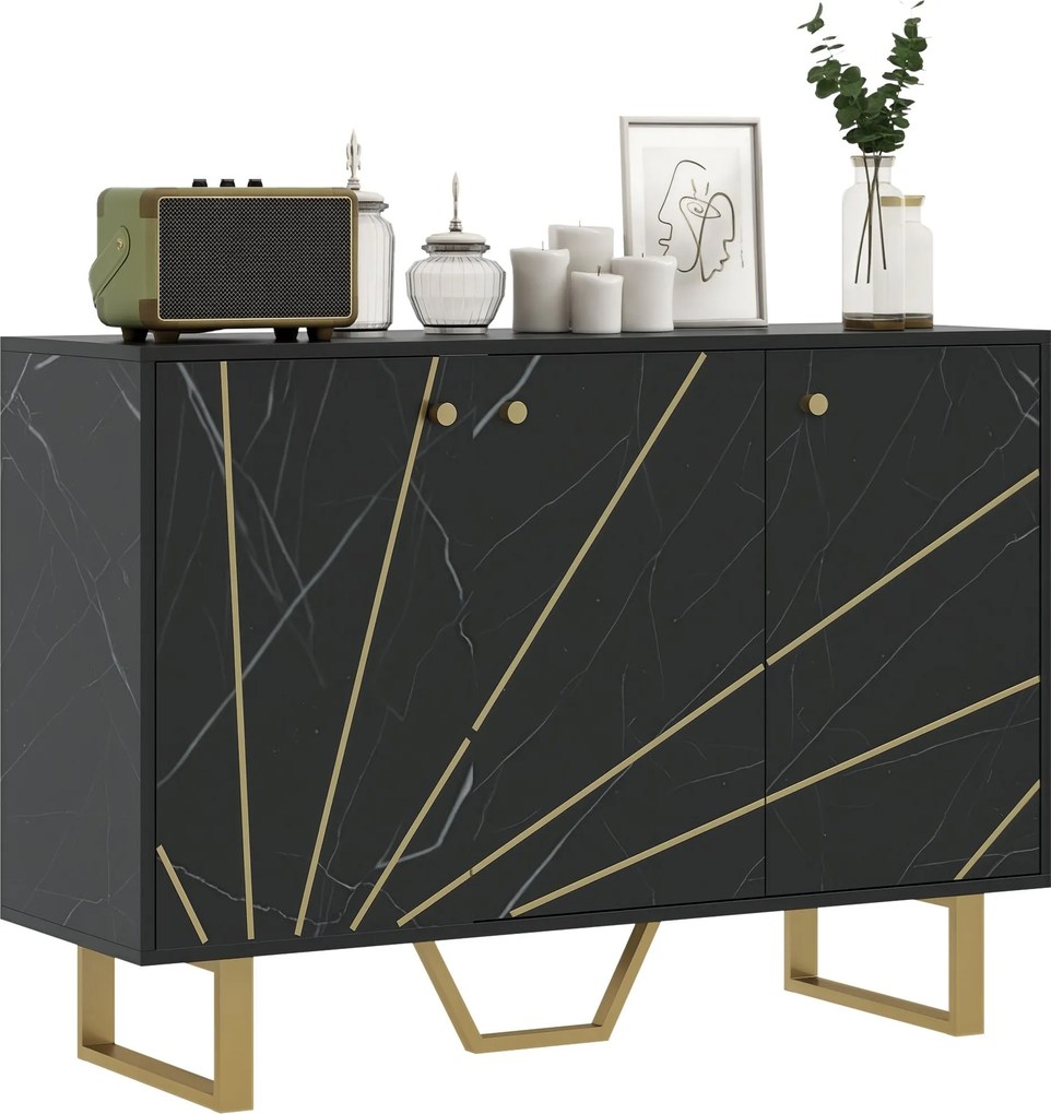 HOMCOM Modern Oldalpolc Nappali Oldalpolc 2 Ajtóval és Állítható Polccal, Kiegészítő Bútor Nappaliba Márvány Hatással, Anti-Billenés 107x35x75 cm Feke