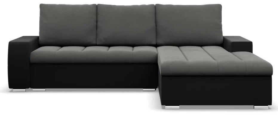Toronto sarokkanapé, 2 ágyneműtartóval, bársony + műbőr, jobboldali, szürke - fekete