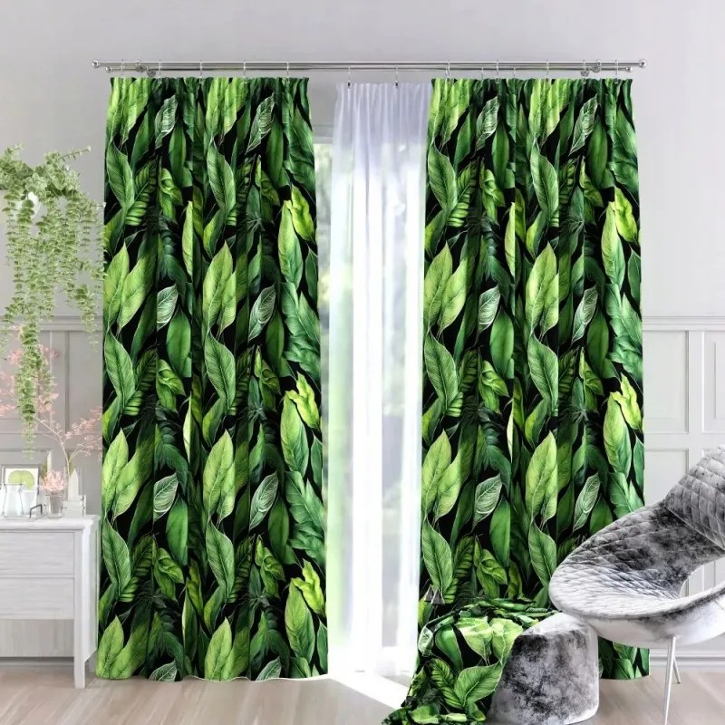 Modern, levélmintás függöny Gamela fekete 150 cm széles méteráru
