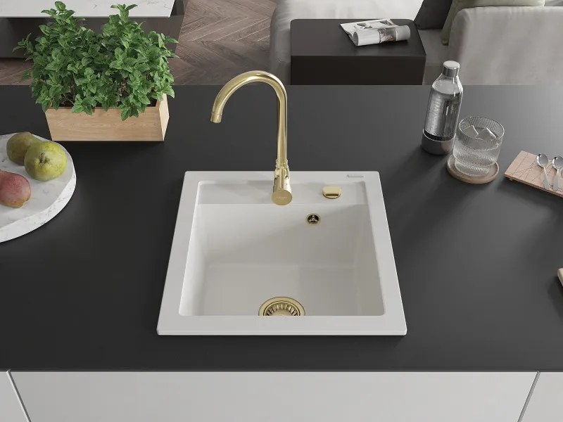 Mexen Vito 1-medencés gránit mosogató 520 x 490 mm, fehér, arany szifon - 6503521000-20-G