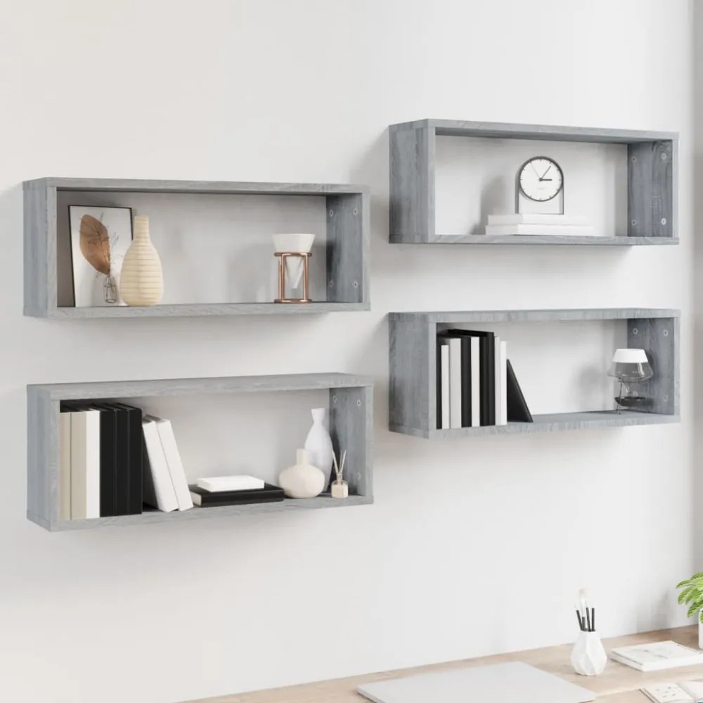 4 db szürke sonoma színű szerelt fa fali kockapolc 60x15x23 cm