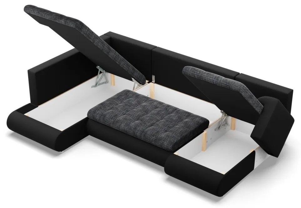 Tokio U sarokkanapé, 3 ágyneműtartóval, fonott + műbőr, baloldali, szürke - fekete