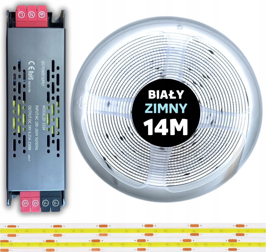 Készlet 14M Cob Led szalag 480 dióda 6000K hideg fehér 24V 10W tápegységgel