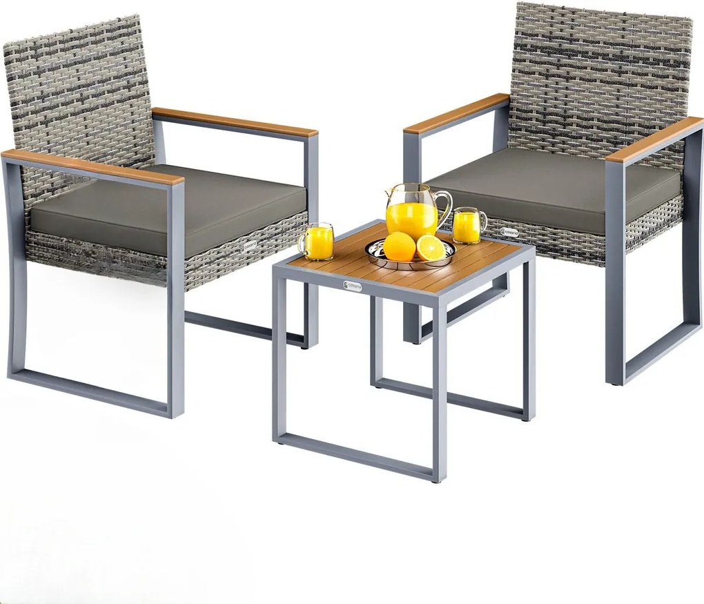 Casaria® Rattan erkély garnitúra 1+2 - szürke/fa