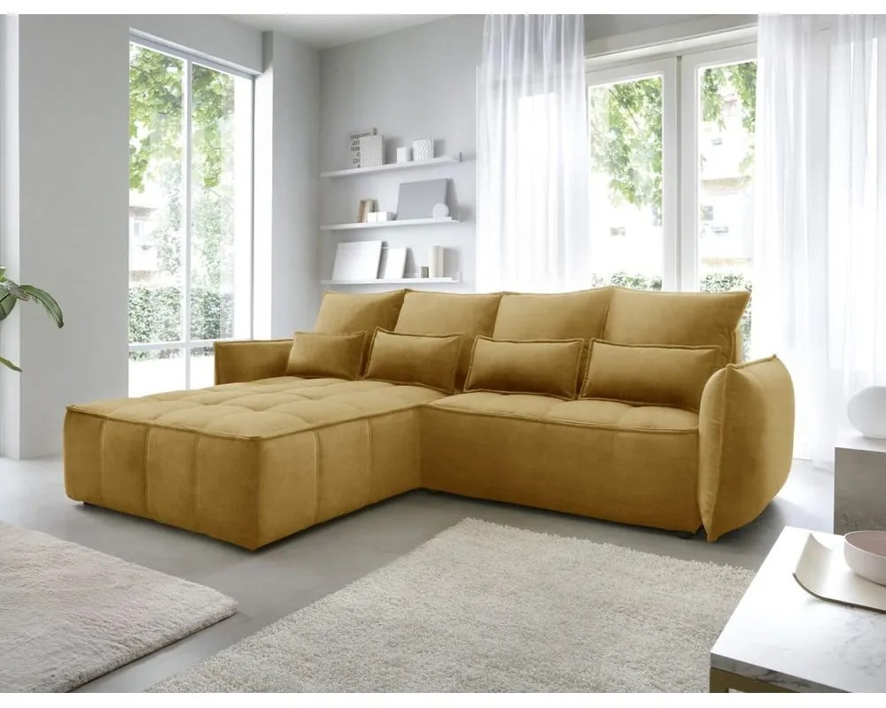 Sárga bársony kinyitható-tárolóhelyes sarokkanapé (bal oldali-heverő résszel) Campo – ELTAP