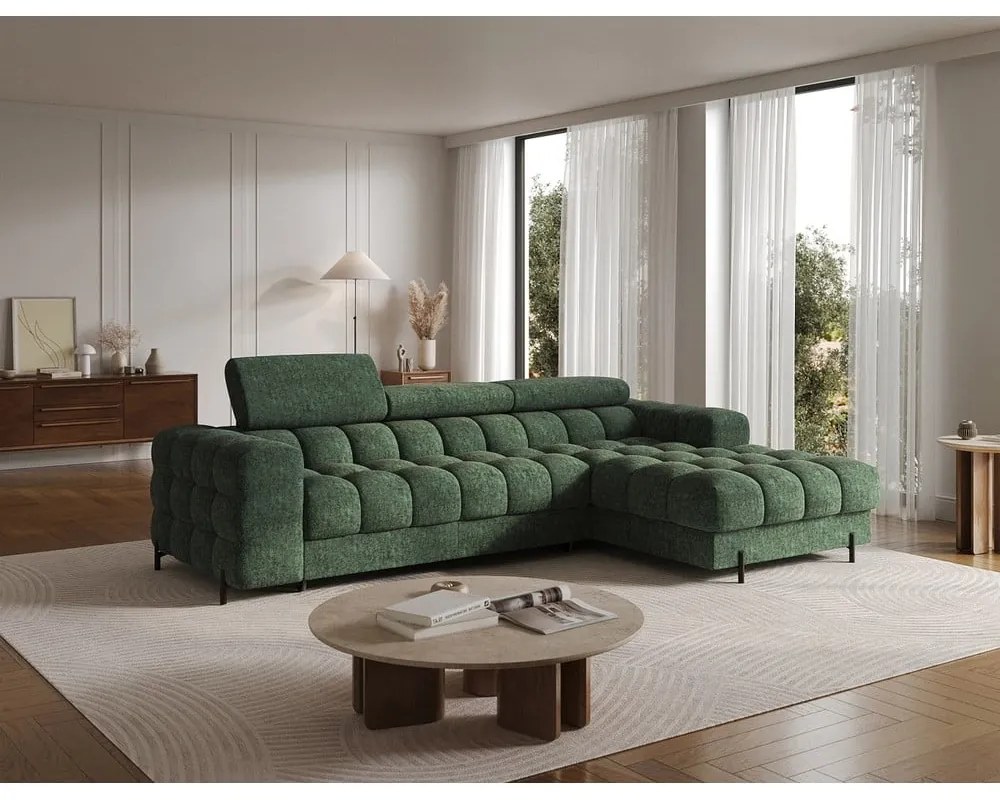 Zöld buklé kinyitható-tárolóhelyes sarokkanapé (jobb oldali-heverő résszel) Felro – ELTAP