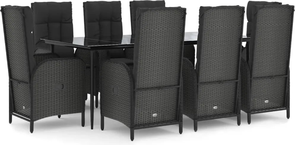 vidaXL 9 részes fekete polyrattan kerti étkezőgarnitúra párnákkal