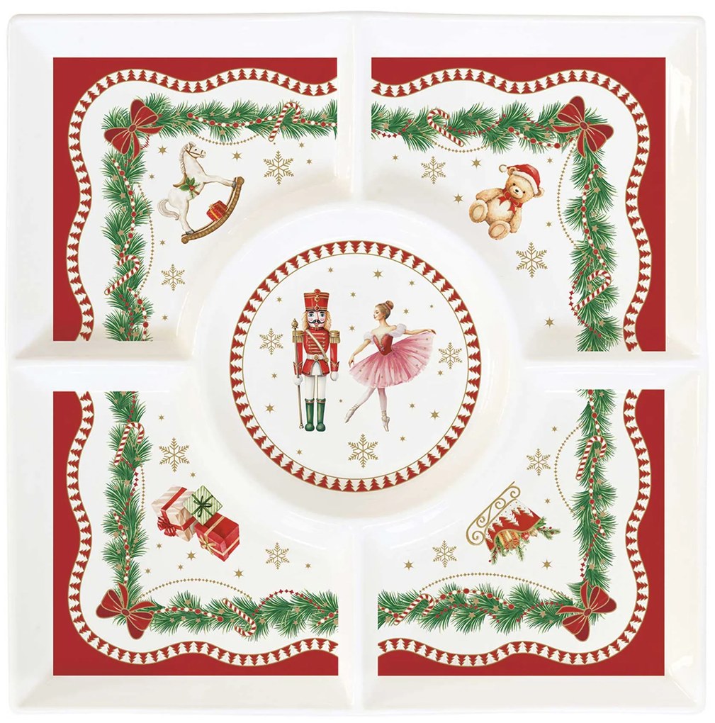 Karácsonyi porcelán osztott kínáló tálca díszdobozban Magie de Noel