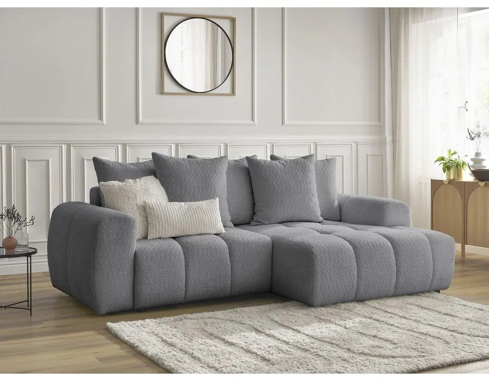 Szürke buklé kinyitható-tárolóhelyes sarokkanapé (jobb oldali-heverő résszel) Roxelane – Bobochic Paris