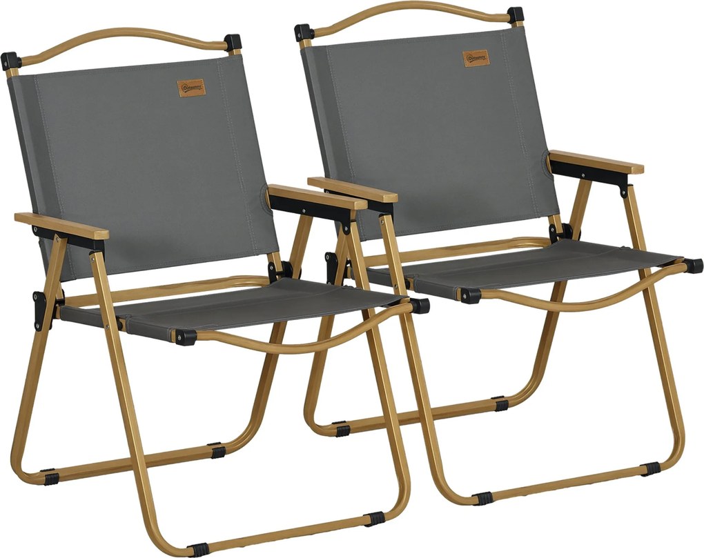 Outsunny Kerti Szék 2 db-os Összecsukható Túraszék Acél Kerettel, Fa Hatású, Uszoda- és Tengerparti Székek Sötétszürkében | Aosom