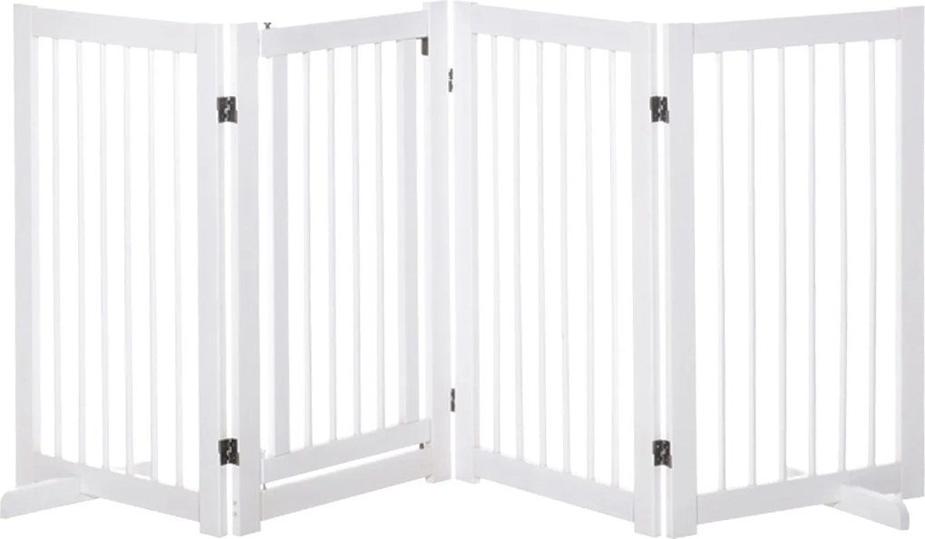 PawHut Szabadonálló Kutyakapu Talppal 220 x 91 cm Fa Pet Konyhai Védőkapu Lépcsőrács Ajtóvédő 4 Panelek, Fehér | Aosom