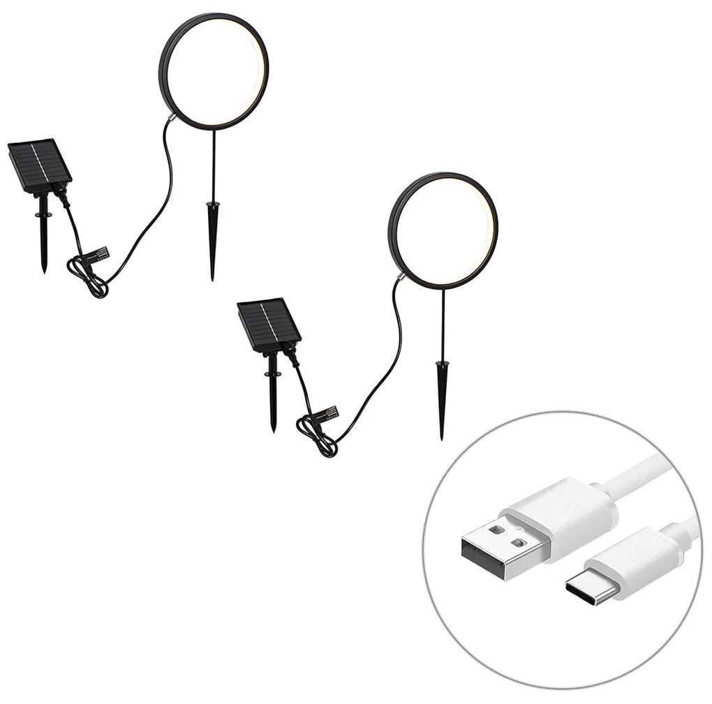 2 db-os fekete leszúrható spotlámpa szett, 50 cm, LED-del, újratölthető és napelemes, IP65 - Adalind