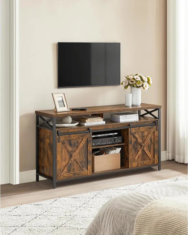 TV-szekrény tolóajtókkal, 147 x 40 x 76 cm, 65 colos TV-hez, rusztikus barna-fekete