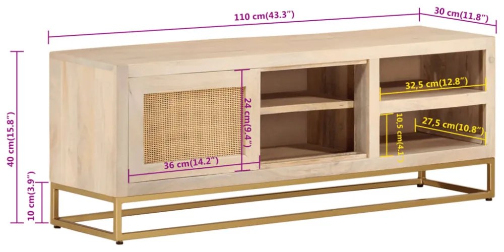 tömör mangófa és vas TV-szekrény 110 x 30 x 40 cm