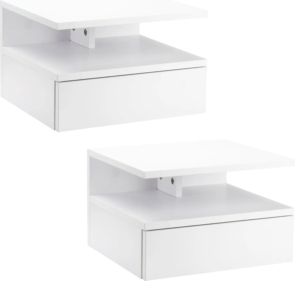 HOMCOM 2 db F Floating Éjjeliszekrény 1 Fiókkal és Nyitott Polccal a Hálószobába 35x32x22.5 cm Fehér | Aosom