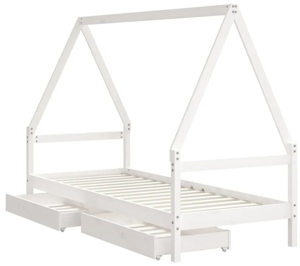 fehér tömör fenyőfa gyerekágykeret fiókokkal 80 x 200 cm