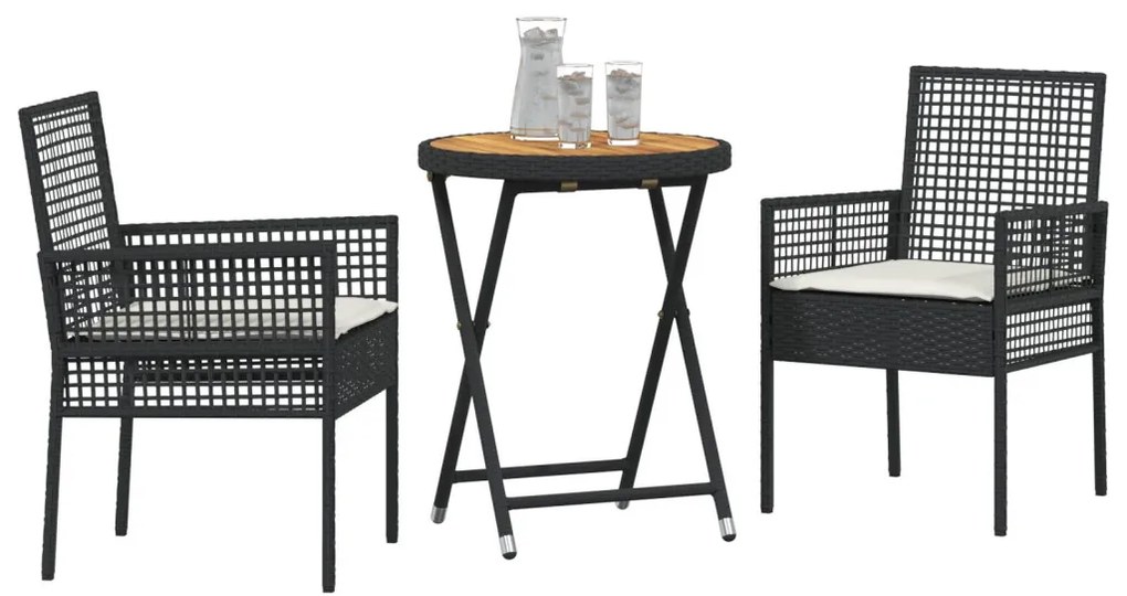 3 részes kert bistró szett párnákkal fekete poly rattan