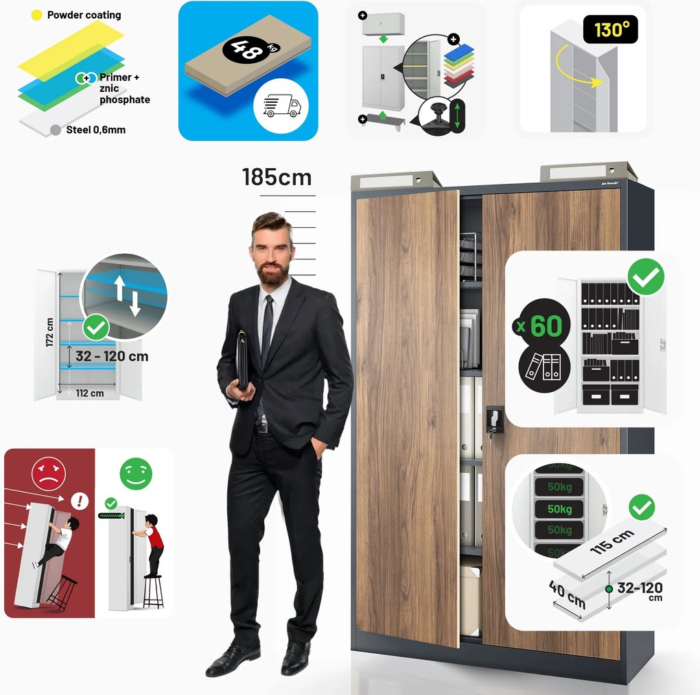 Fém irodai iratszekrény JAN II, Eco Design: antracit/dió