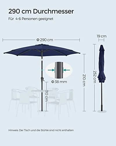 Napernyő teraszra, dönthető, kék, 290 cm átmérő