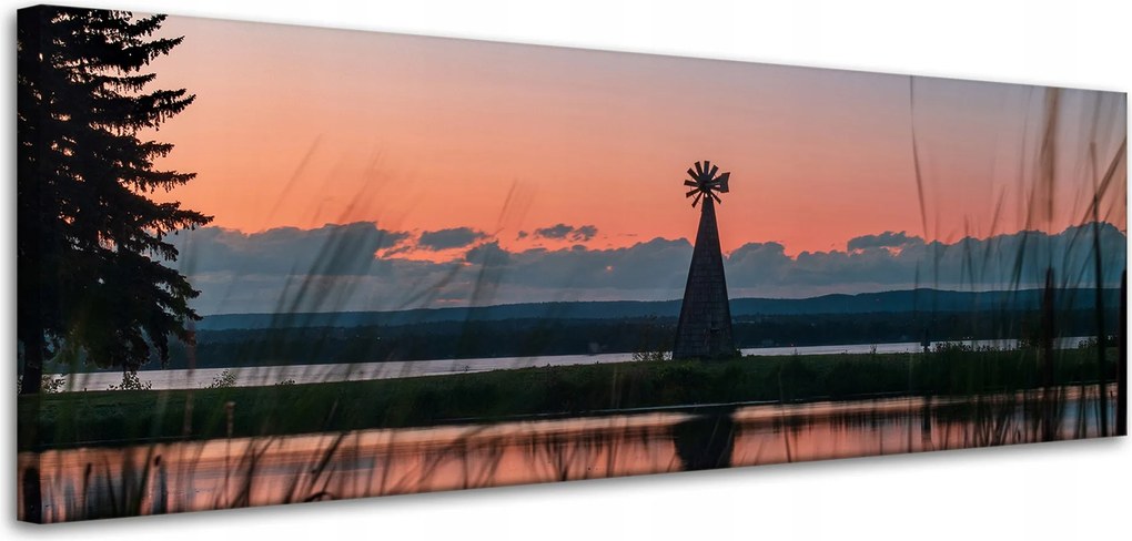 Vászonkép Szélmalom Ég Természet Naplemente Tó Fű 120x40