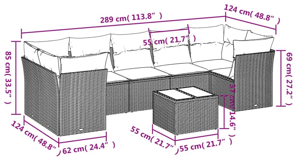 8 részes bézs polyrattan kerti ülőgarnitúra párnával