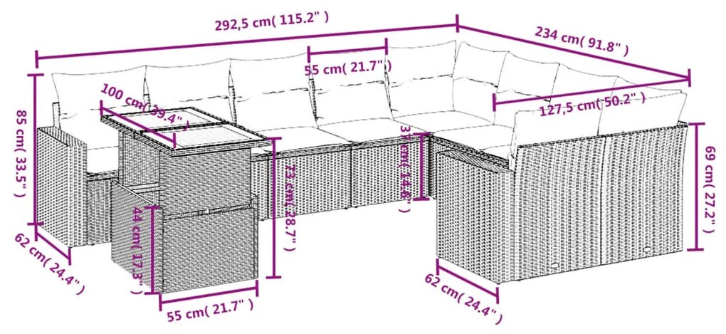 10 részes fekete polyrattan kerti ülőgarnitúra párnákkal