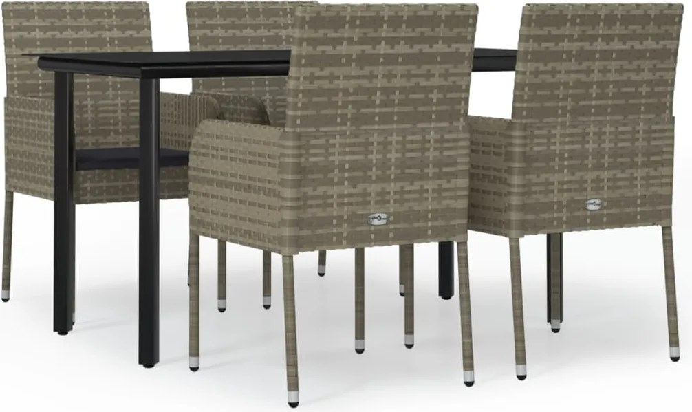 vidaXL 5 részes fekete és szürke polyrattan kerti étkezőszett párnával