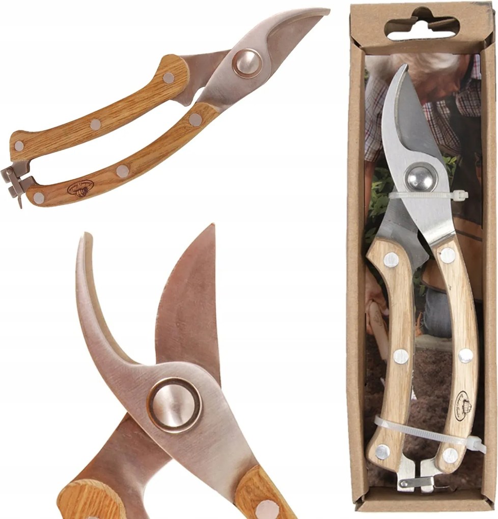 Kerti Metszőolló fa nyéllel, Rozsdamentes Acél. Ajándékdobozban.