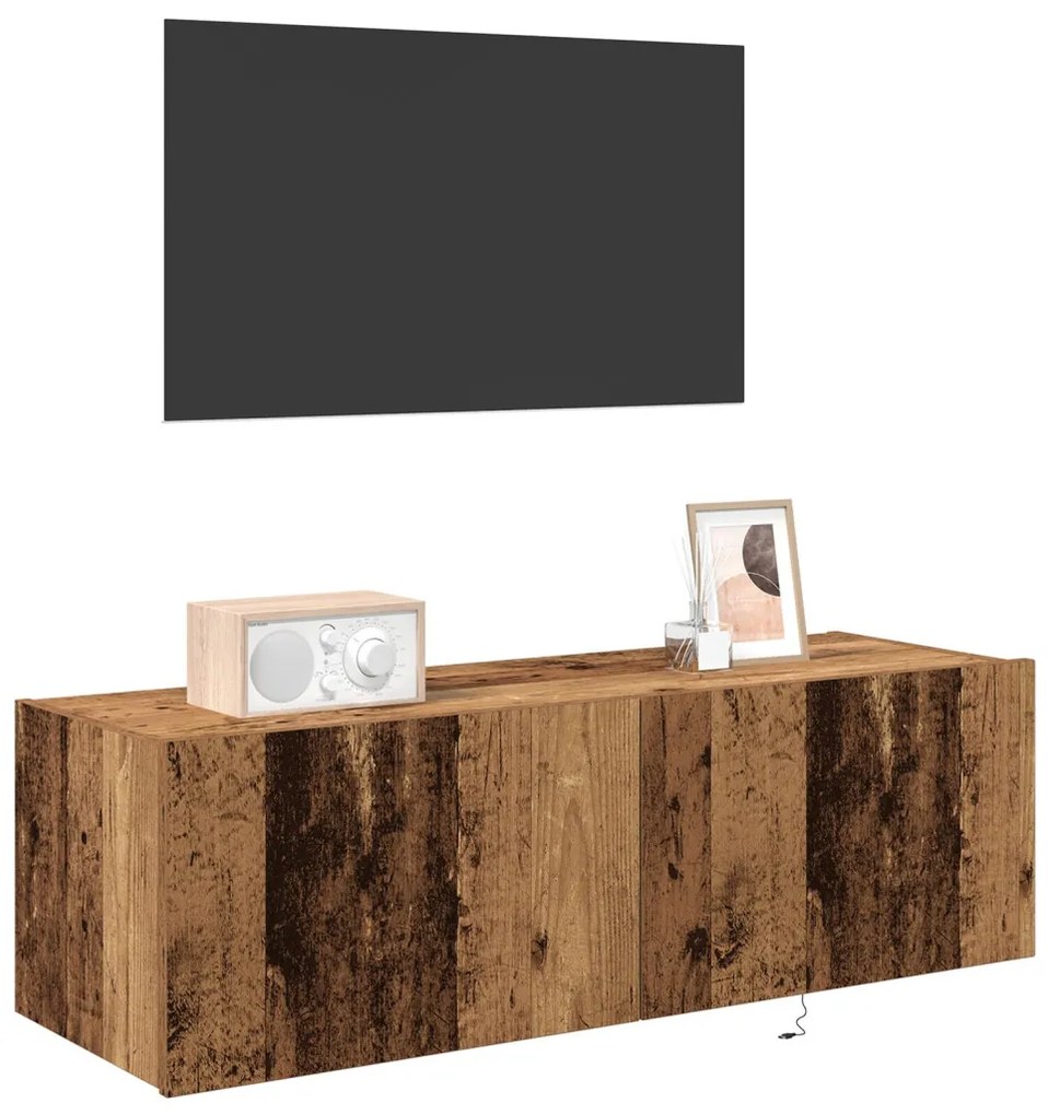 TV fali szekrény LED lámpákkal, régi fa 100x35x31 cm