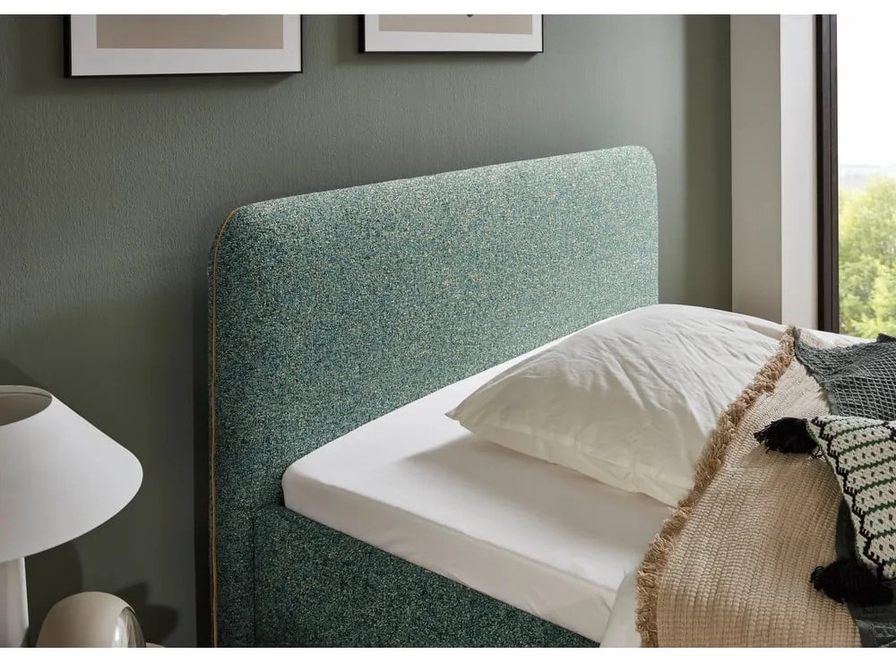 Sötétzöld kárpitozott ágyneműtartós franciaágy ágyráccsal 160x200 cm Primo – Meise Möbel