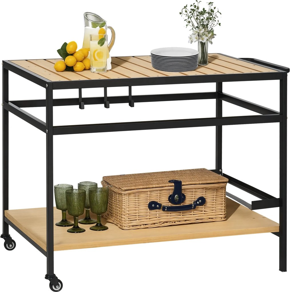 Outsunny Tálalókocsi, Grillező Kocsi 2 Polccal, Kert Kocsi Függőkkel, Kültéri Tödbcélú Asztal Kerekekkel, Kerthez és Erkélyhez, Természetes, 107 x 65