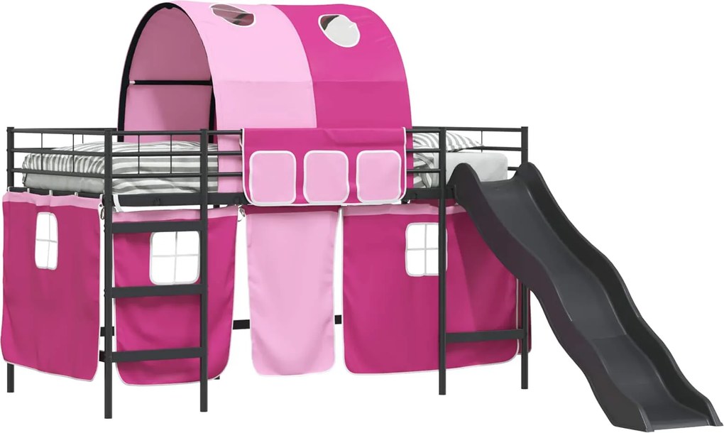 vidaXL Gyerekek Loft Ágykerete Fekete és Rózsaszín 79,5 x 200 cm Fém