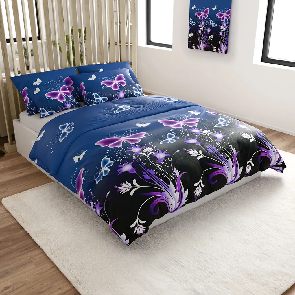2 db Mikroplüss ágyneműhuzat szett VIOLET BUTTERFLY sötétkék + Mikroplüss lepedő SOFT 180x200 cm fehér, kétszemélyes ágyhoz