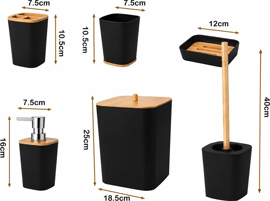 Fürdőszobai szett NATUREO 6 db, bambusz/fekete