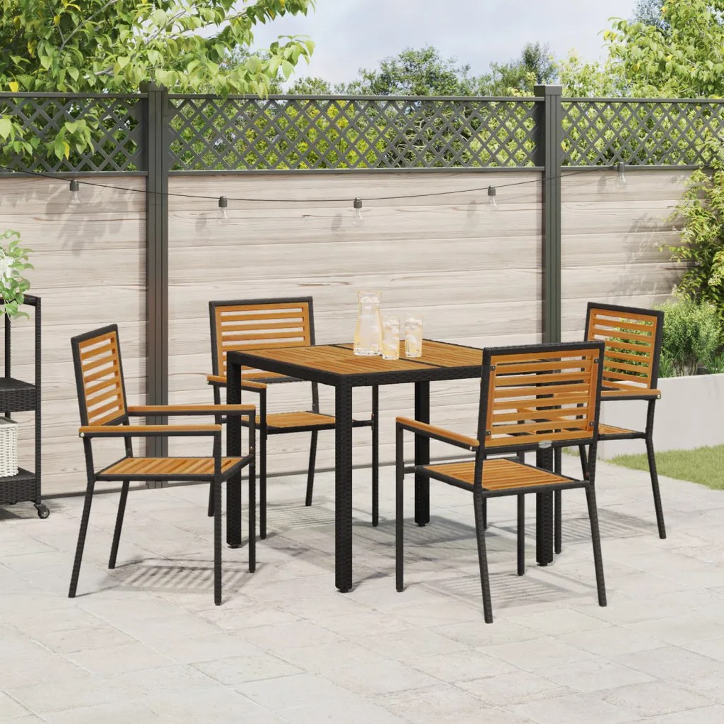 5 darabos kerti étkező szett fekete polyrattan akáccal, rakható kerti székek párnákkal 2 db fekete polyrattan