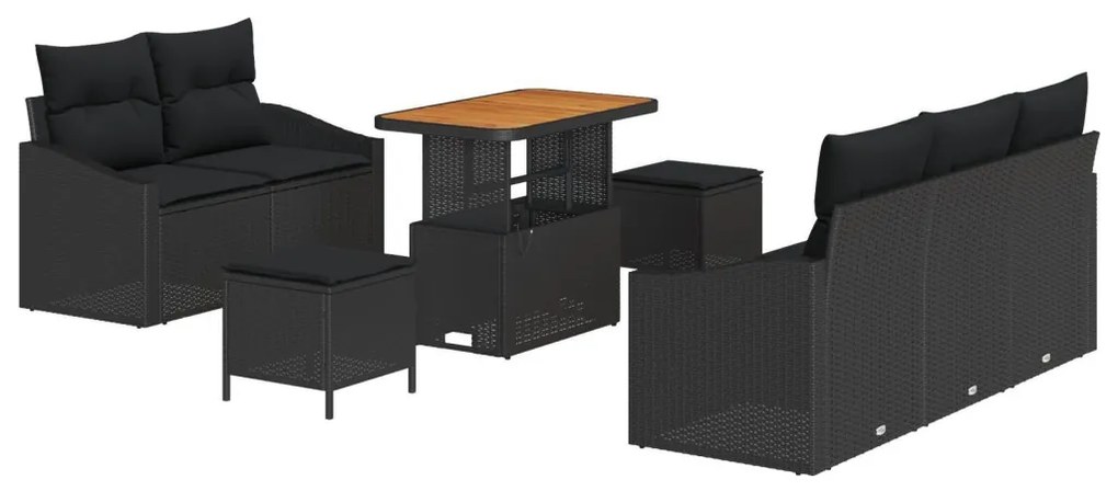 8 Részes Kerti Sofa Szett Párnákkal Fekete Polirattan Akácia, 2-Fős Kerti Sofa Párnákkal Fekete Polirattan, 3 Részes Kerti Étkező Szett Párnákkal Fekete Polirattan Akácia